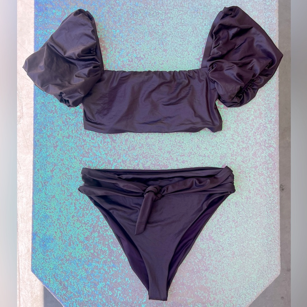 Metallic Chocolate Brown Puff Sleeve Tie High Waist Bikini